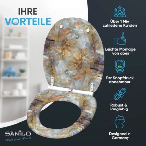 SANILO WC Sitz mit Absenkautomatik, offen, in Marmor Braun Optik. Robuster Toilettensitz für einfache Top Fix Montage.