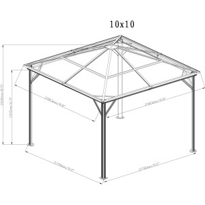 Technische Zeichnung: Sojag Aluminium Pavillon Verona 10x10, anthrazit, mit Maßangaben.