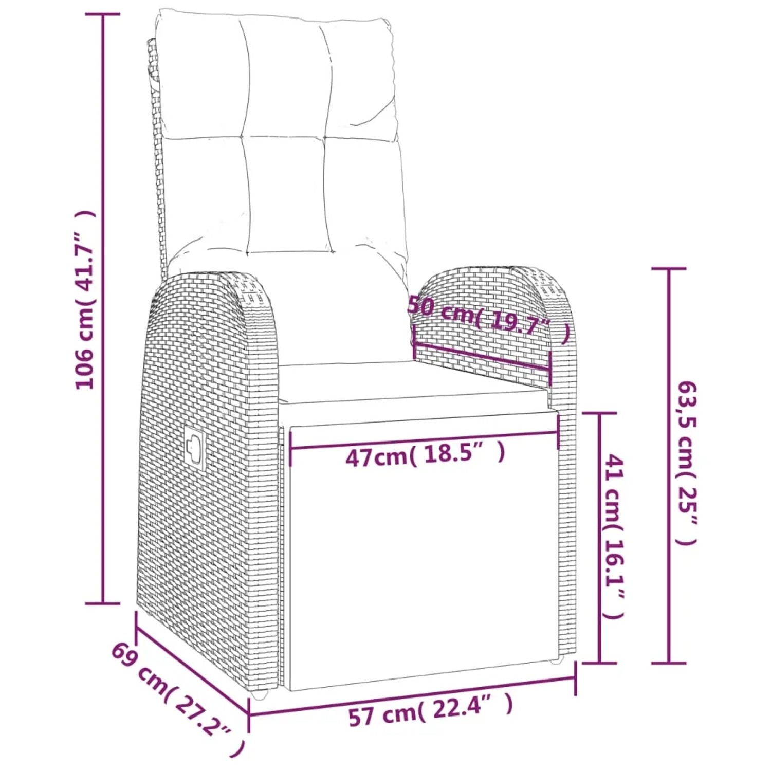 Schwarzer Garten-Liegestuhl aus Rattan mit Auflage, verstellbare Rückenlehne. Ideal für Garten, Balkon oder Terrasse.