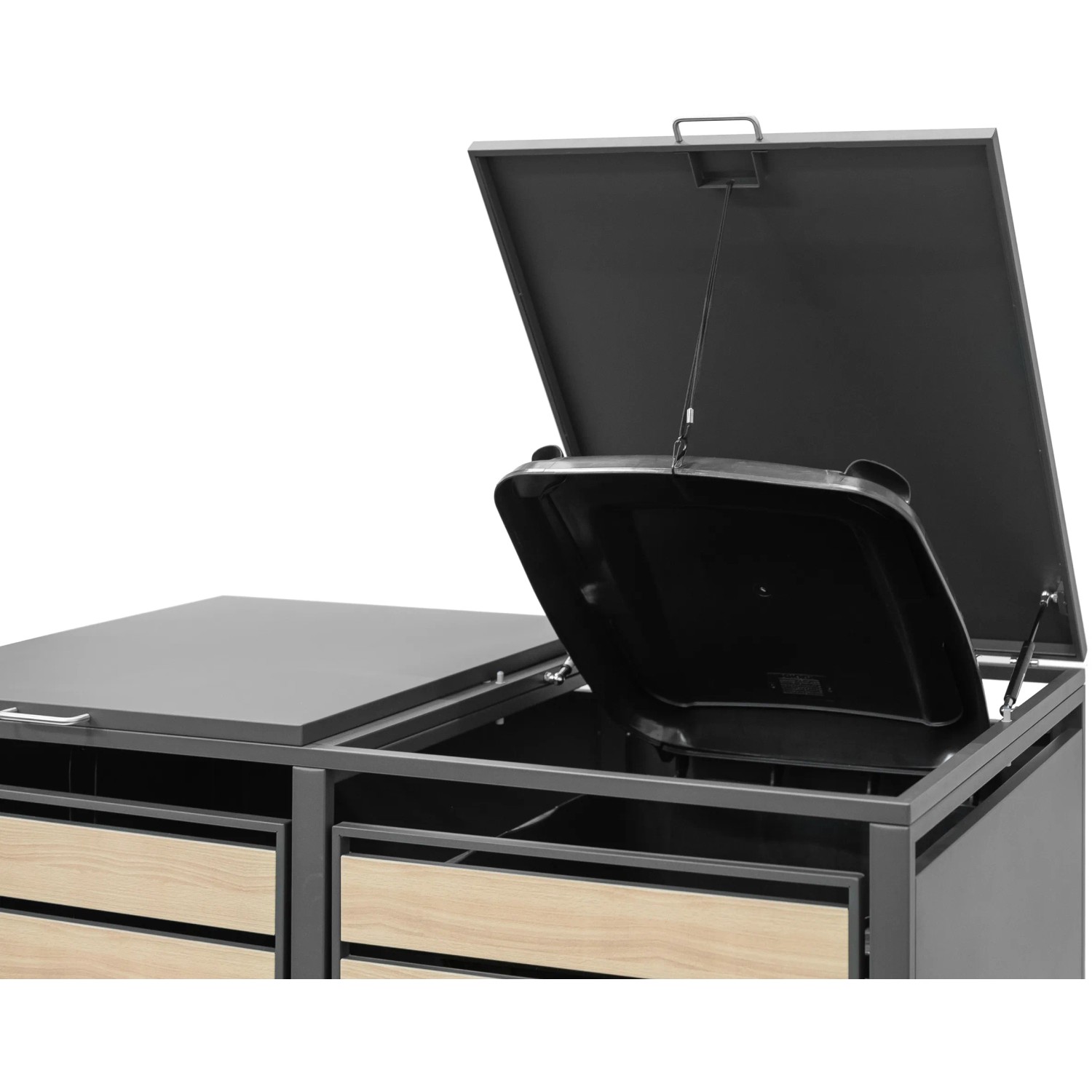 Westmann Mülltonnenbox 2-fach in Holzoptik, geöffnet mit Mülltonne. Für zwei 240 Liter Tonnen.