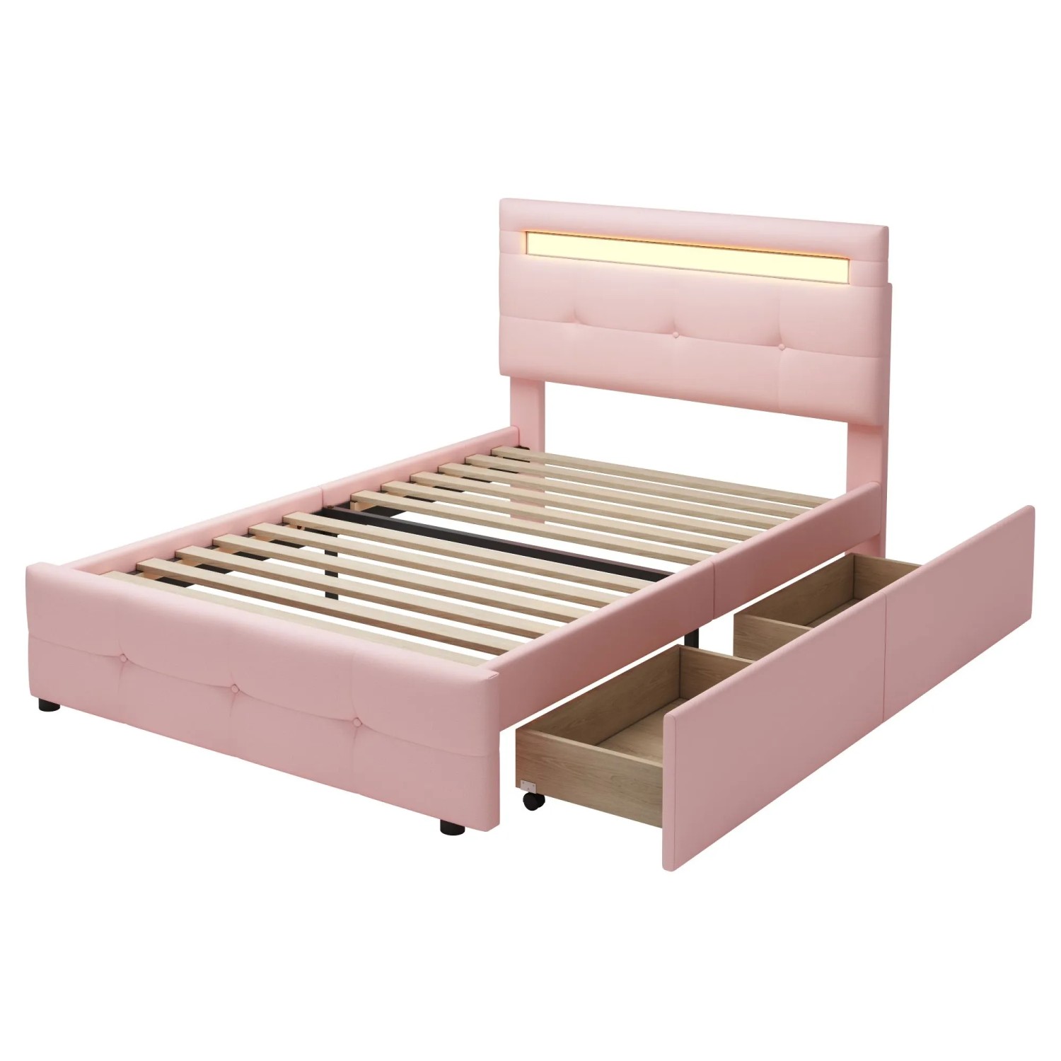Merax Polsterbett 90x200cm LED Schubladen Leinen Rosa