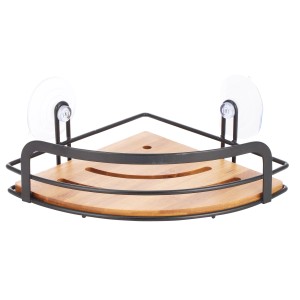 MSV Eck-Duschregal Hiko, schwarz-braun, mit Stahlrahmen und Bambusablage, zur Wandmontage im Bad.