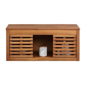 Hängender Waschbeckenunterschrank Penebel, 90 cm, aus dunkel naturfarbenem Akazienholz, mit Lamellen und offenem Fach.