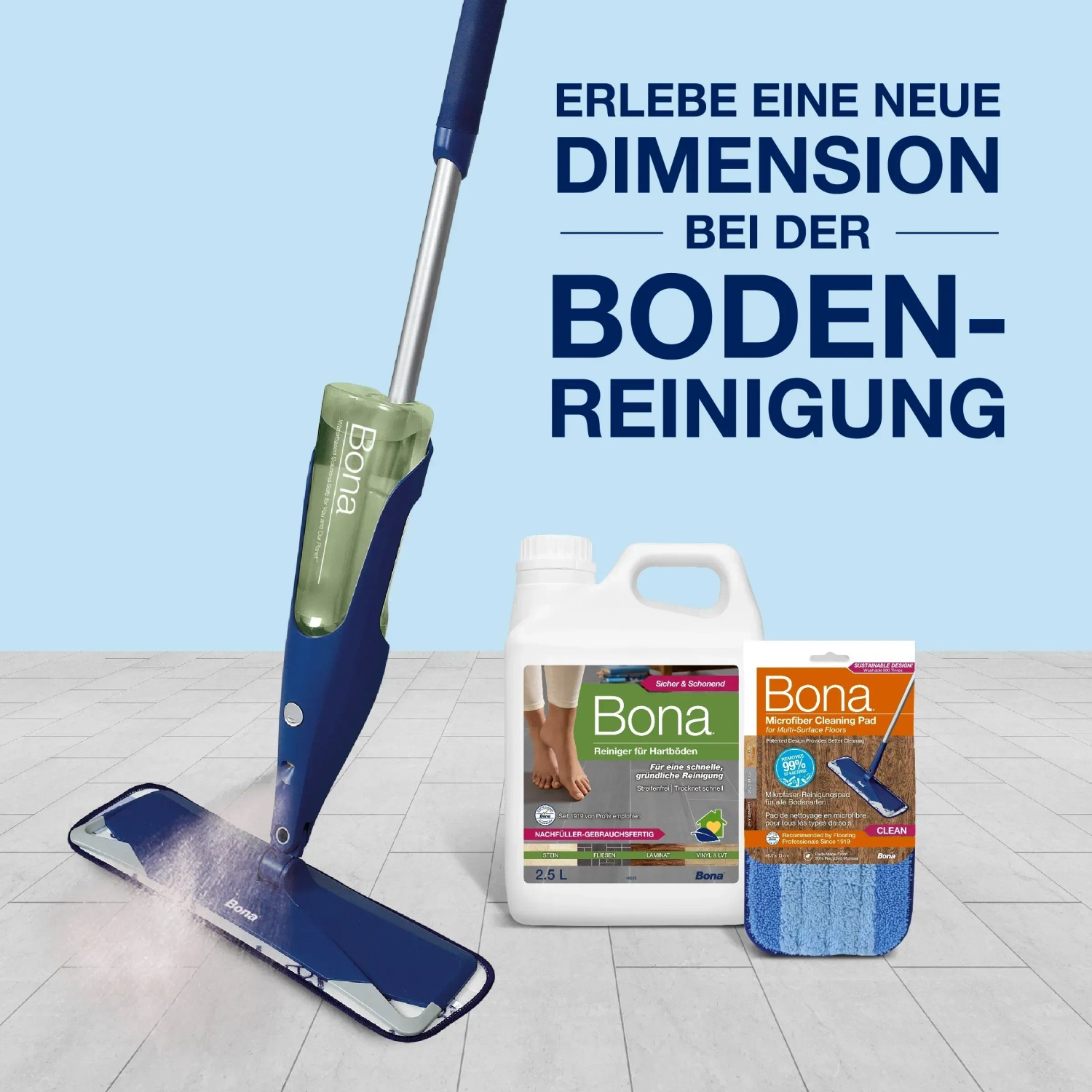 Bona Premium Spray Mop Set für Hartböden mit Reiniger und Mikrofaserpad.