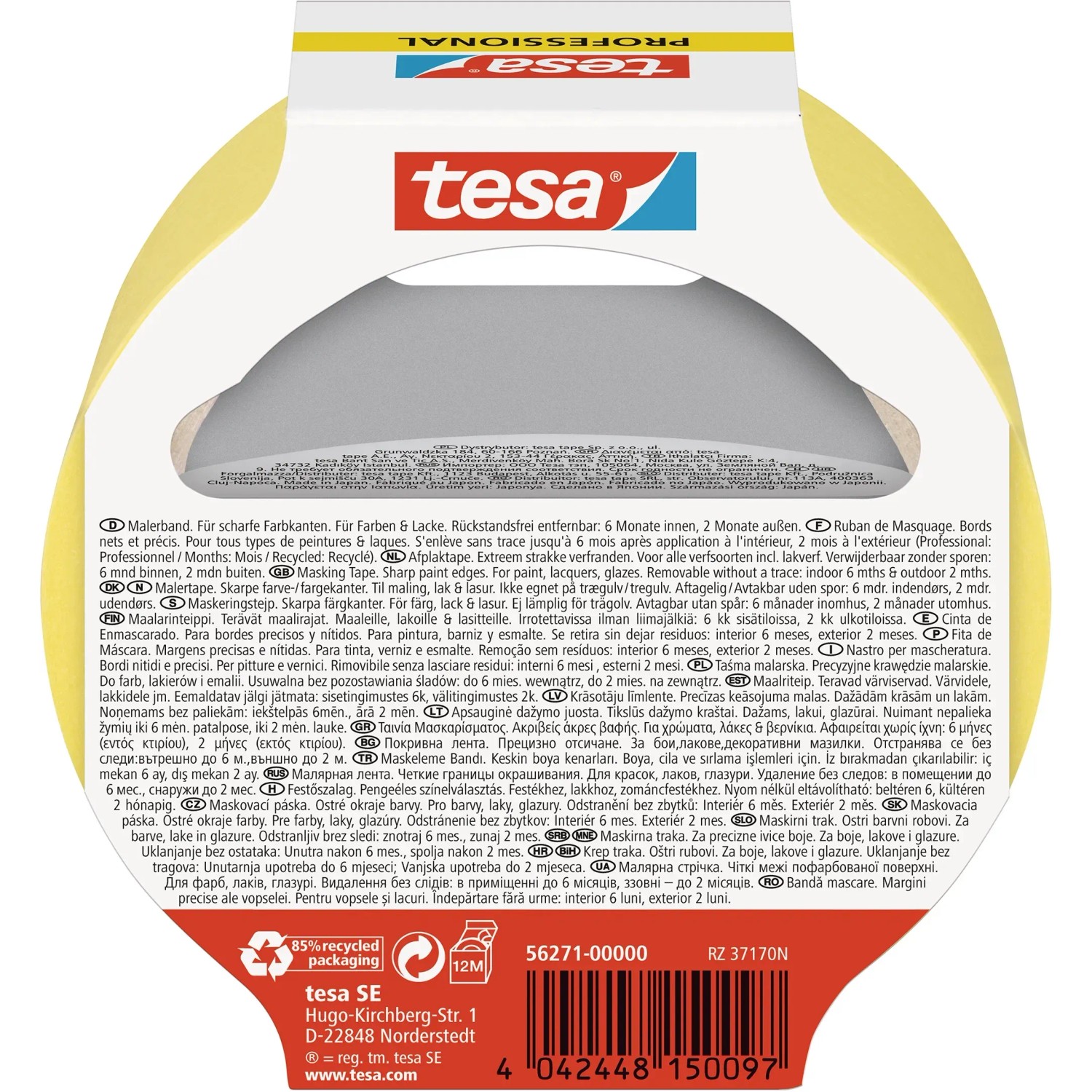 Tesa Malerband Professional, 25 m x 38 mm, gelbe Rolle für präzise Farbkanten.