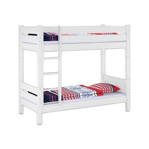 Weißes Etagenbett aus Kiefernholz mit Leiter und Bettkasten, 100x200 cm.