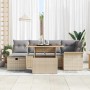 Beiges 7-teiliges vidaXL Garten-Sofa-Set aus Poly Rattan mit Kissen und Stauraum.
