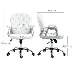 Weißer ergonomischer Bürostuhl mit Knopfheftung, silbernen Armlehnen und Rollen für Home Office.