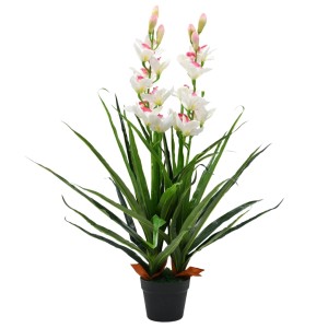 Künstliche Cymbidium Orchidee, 100 cm, im Topf. Dekorative Kunstpflanze mit weißen Blüten und grünen Blättern.