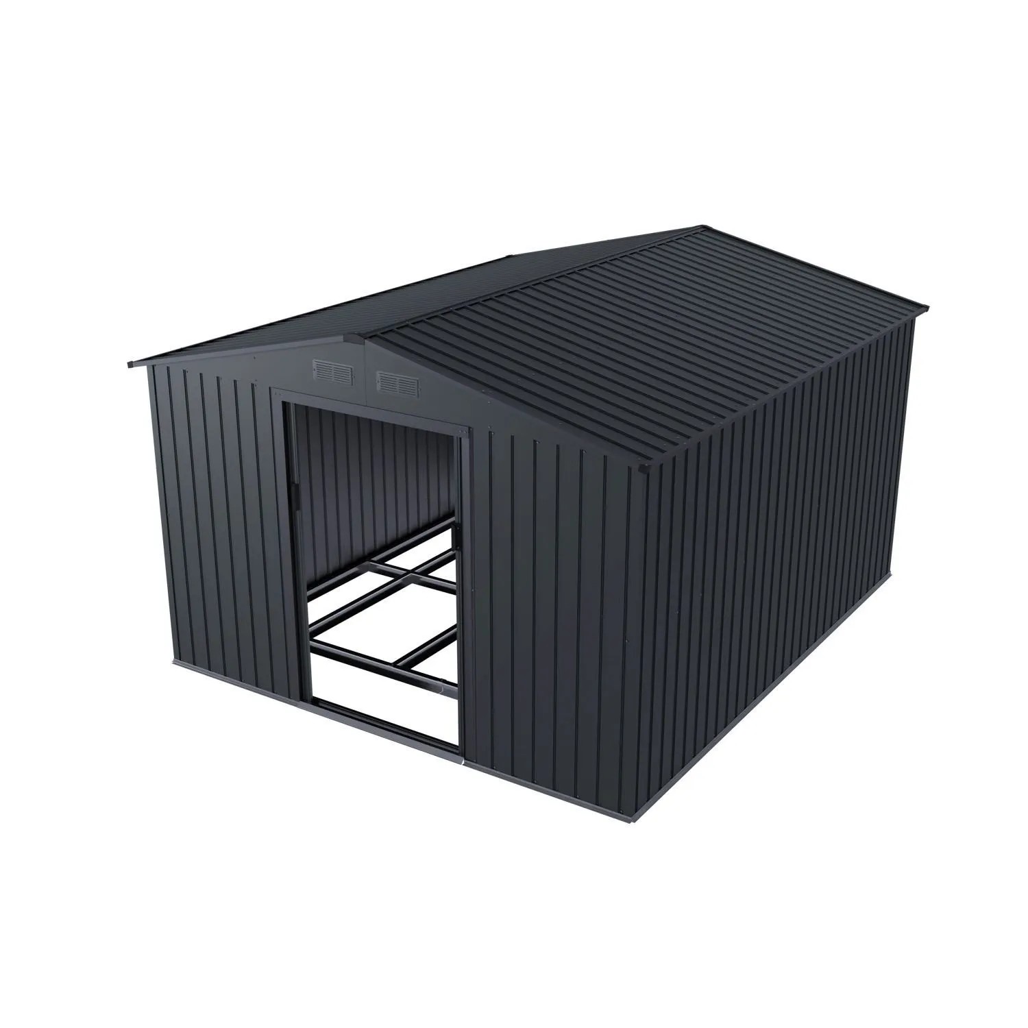 Dunkelgrauer Juskys Metall Geräteschuppen XXL mit Pultdach und offenem Stahlfundament.