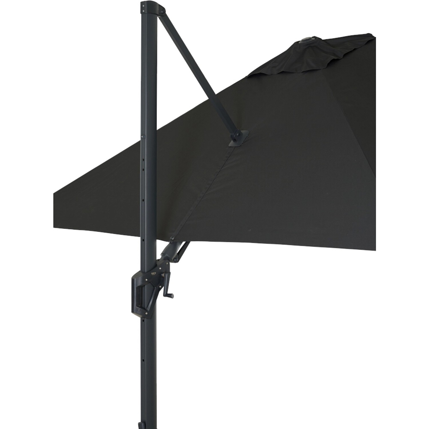 Detailaufnahme: Anthrazitfarbener Siena Garden Ampelschirm (300x300 cm) mit Dreh- und Neigefunktion.