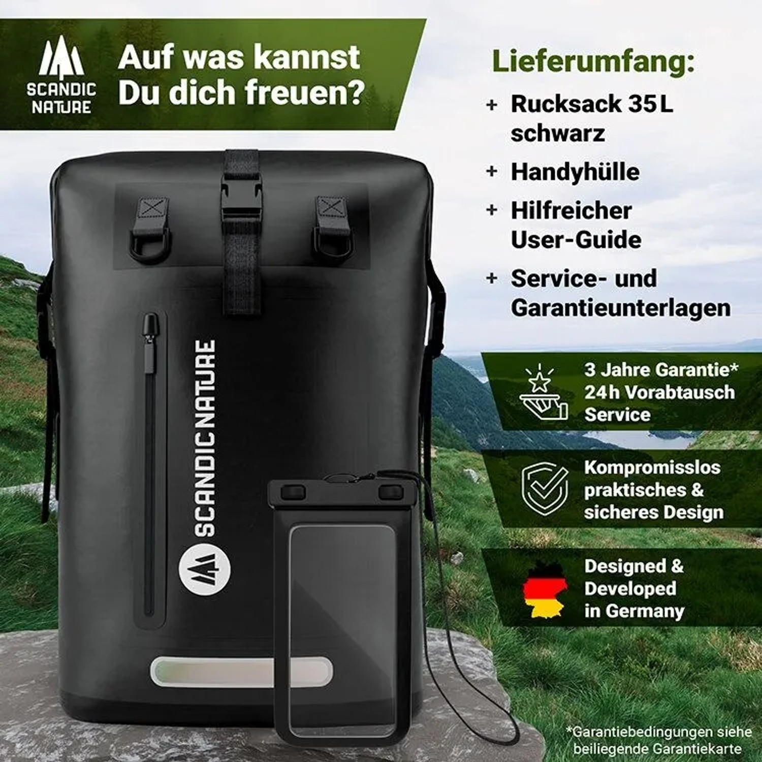 Schwarzer SCANDIC NATURE Rucksack Pioneer 35L mit wasserdichter Handyhülle.