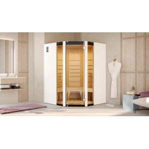 Weka Infrarotkabine Osby Eck mit Glasfront und weissen Aussenwänden im Badezimmer.