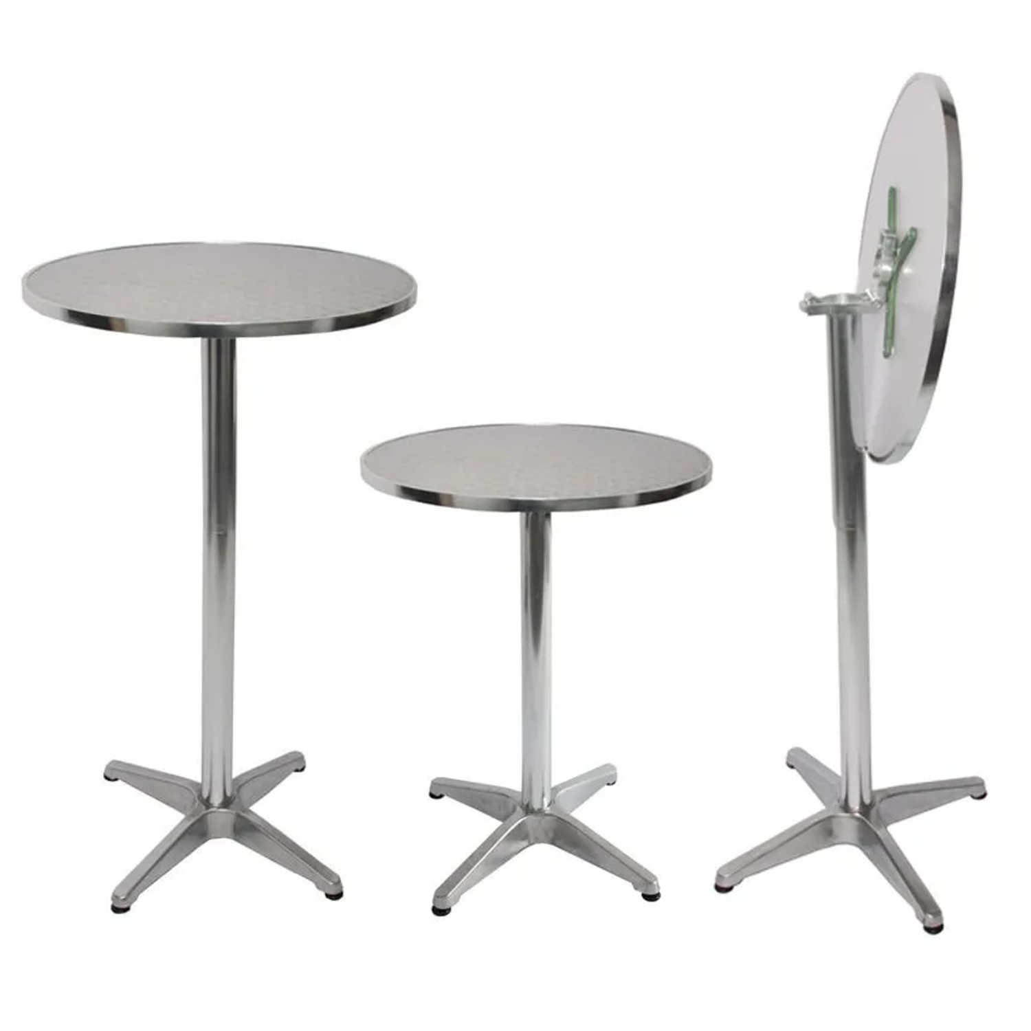 MCW Alu-Stehtisch klappbar, höhenverstellbar, mit runder Edelstahlplatte und Vierkreuzfuß. Ideal als Gartentisch.
