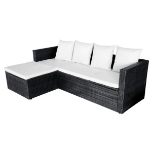 Schwarzes 4-tlg. vidaXL Garten Lounge Set aus Rattan mit weißen Auflagen.