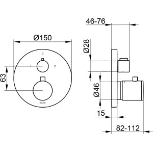 Technische Zeichnung: Keuco Edition 400 Thermostatbatterie, Chrom, Unterputzmontage mit Ab- und Umstellventil, Maße.