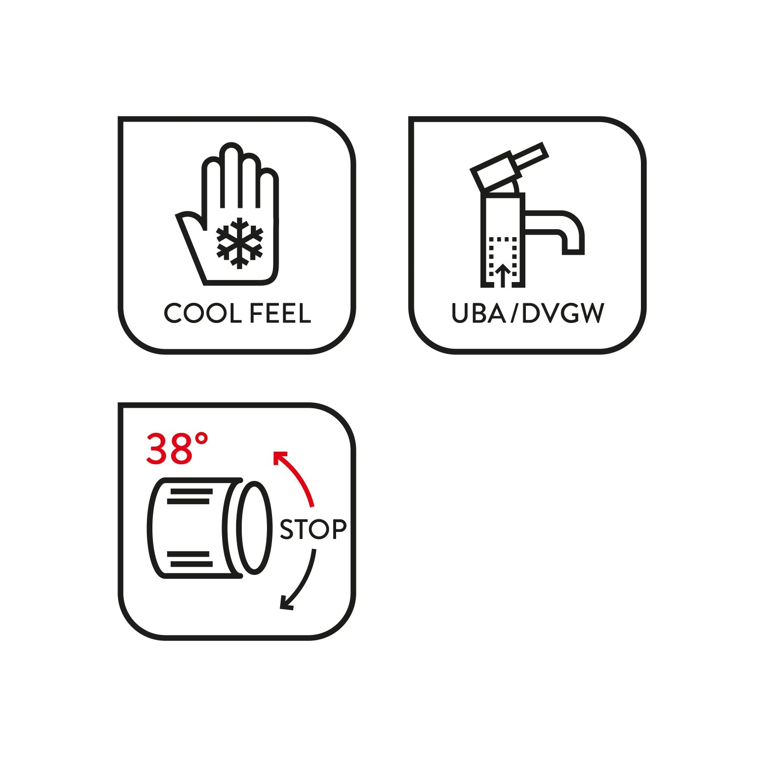 Icons der baliv Thermostat-Duscharmatur DU-2060: Cool Feel, UBA/DVGW-Zertifizierung, 38°C-Sperre.