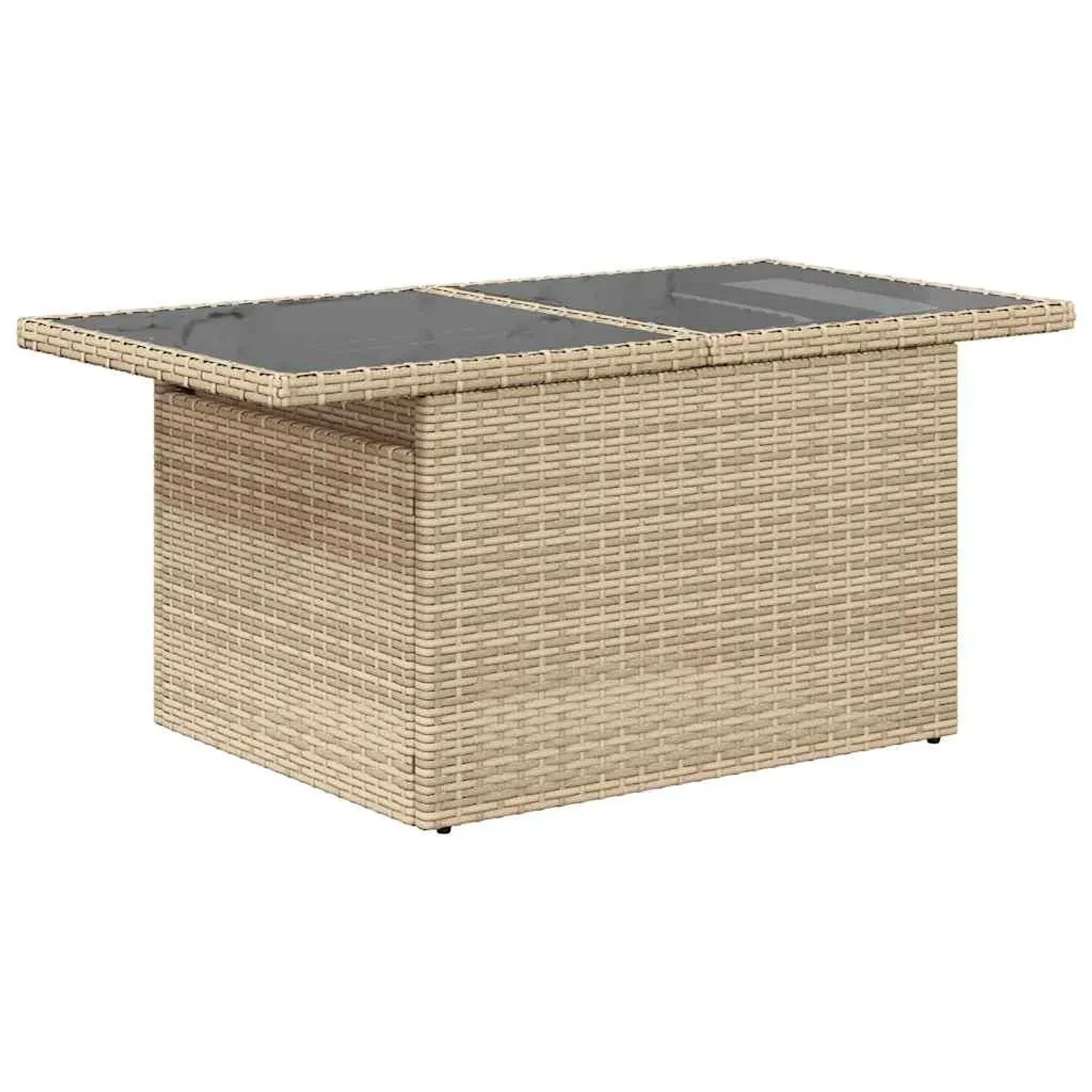 Beiger vidaXL Gartentisch aus Polyrattan mit Glasplatte, Teil der Sofagarnitur.
