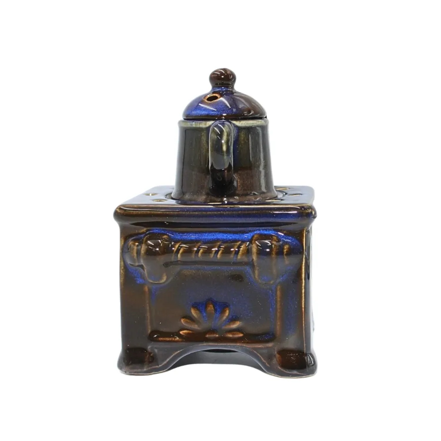 Dunkelblaue Keramik Duftlampe als Mini-Herd mit Kanne. Handbemalte Aromalampe, ideal als Kerzenhalter.