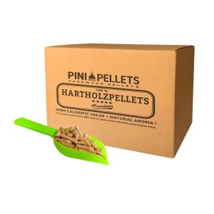 PINI Grillpellets 30 kg Buche im Karton, mit Schaufel voller Holzpellets. Für BBQ, Smoker und Pizzaofen.