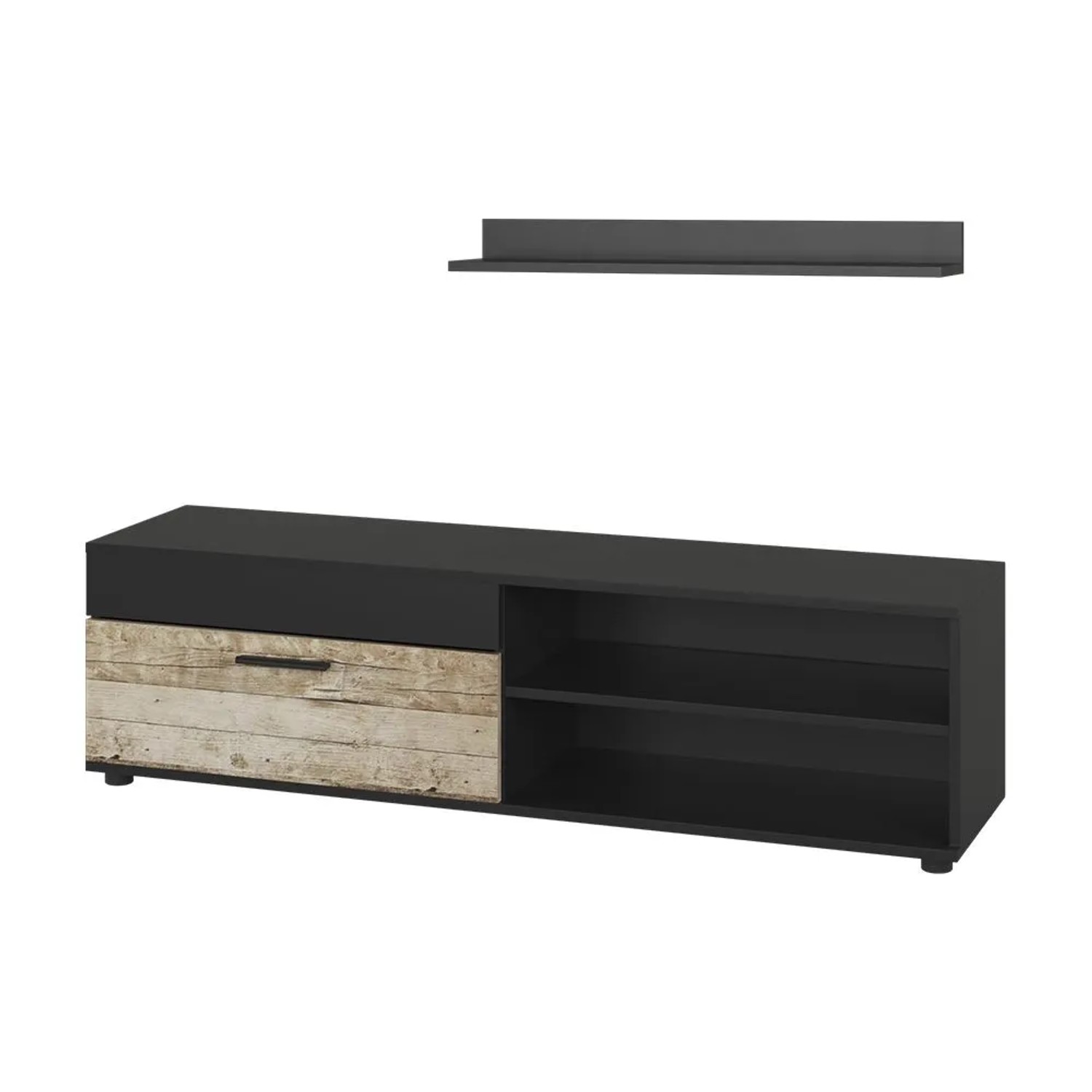 Vicco Lowboard & Regal Berno Schwarz Sandeiche 140 x 39 mit 1 Klappe Art Nr 55457