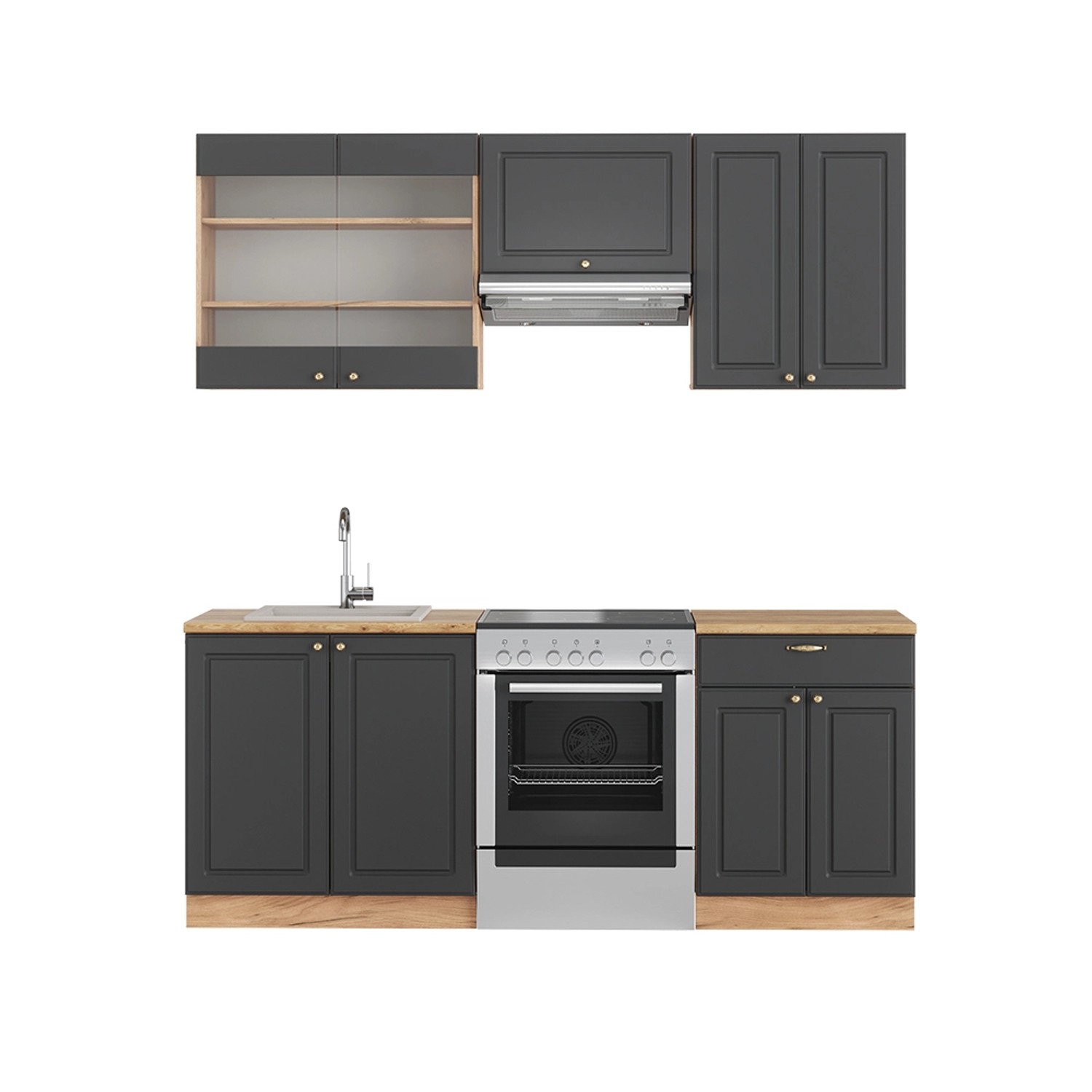 Vicco Fame-Line Küchenzeile Anthrazit Landhaus/Goldkraft Eiche 200 cm ohne günstig online kaufen