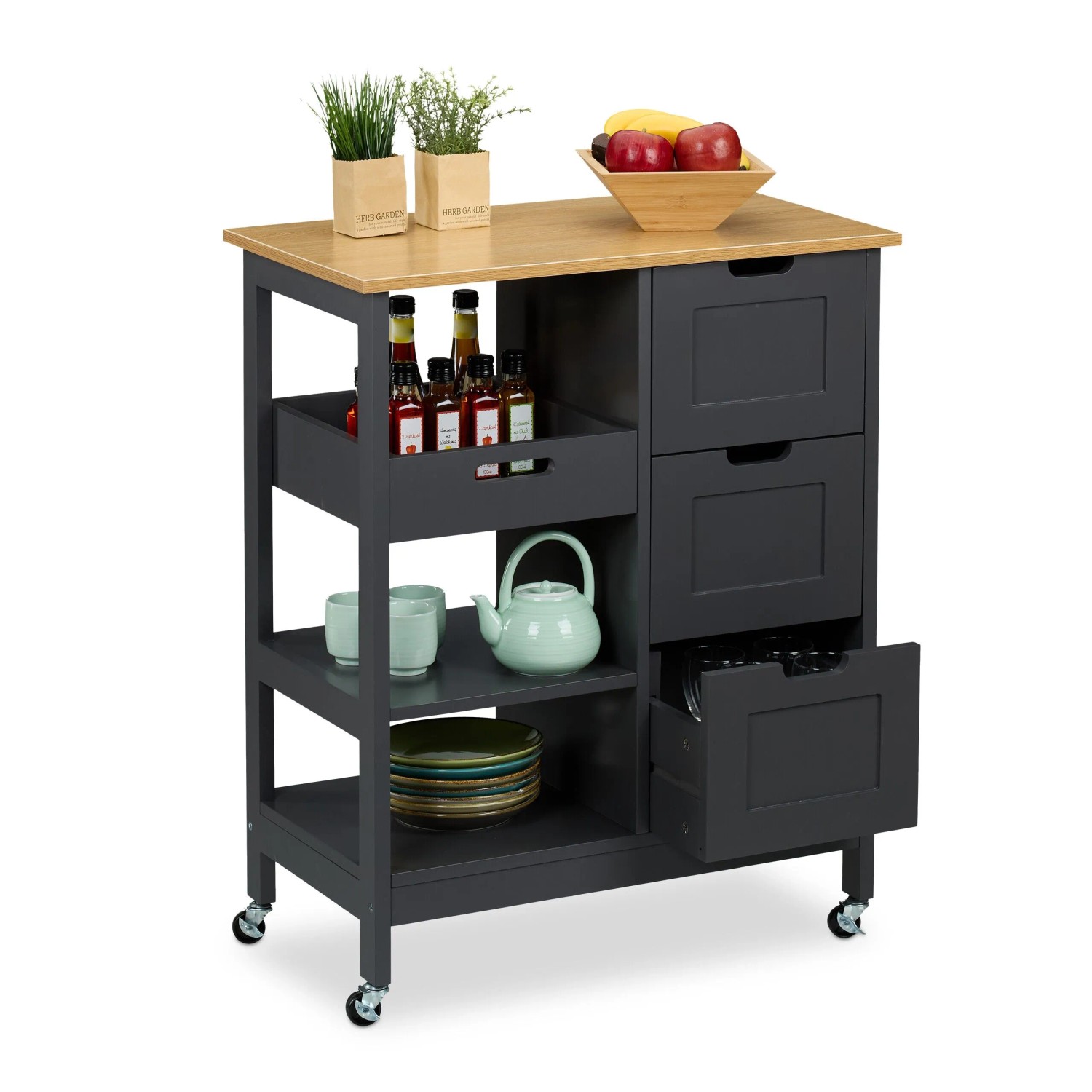 Relaxdays Küchenwagen Holzwerkstoff Grau mit Arbeitsplatte Rollbar 85 cm x 68,5 cm x 38,5 cm 21 kg