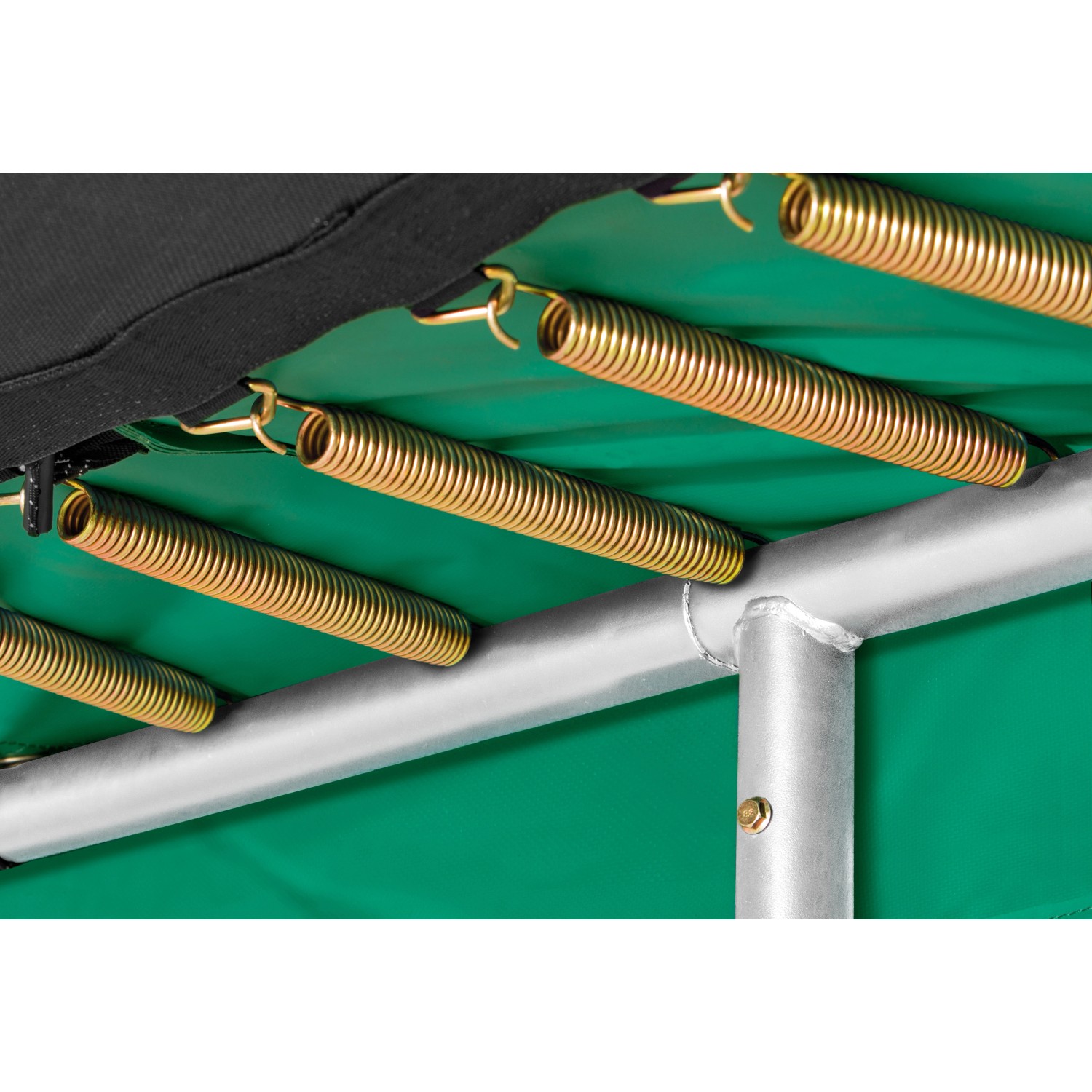 Detailaufnahme: Federn und Rahmen des grünen Salta Trampolin Combo 396 x 244 cm.