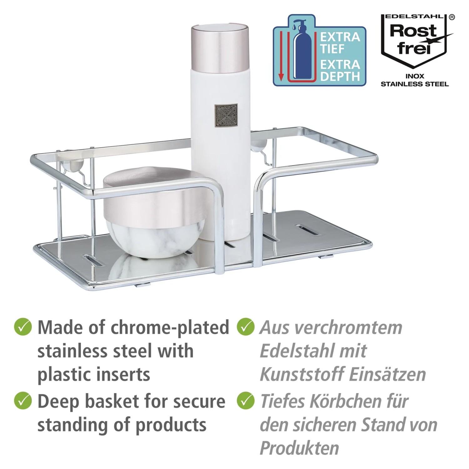 WENKO Wandablage Termoli aus Edelstahl, verchromt, mit zwei Pflegeprodukten. Badablage für Bad-Utensilien.