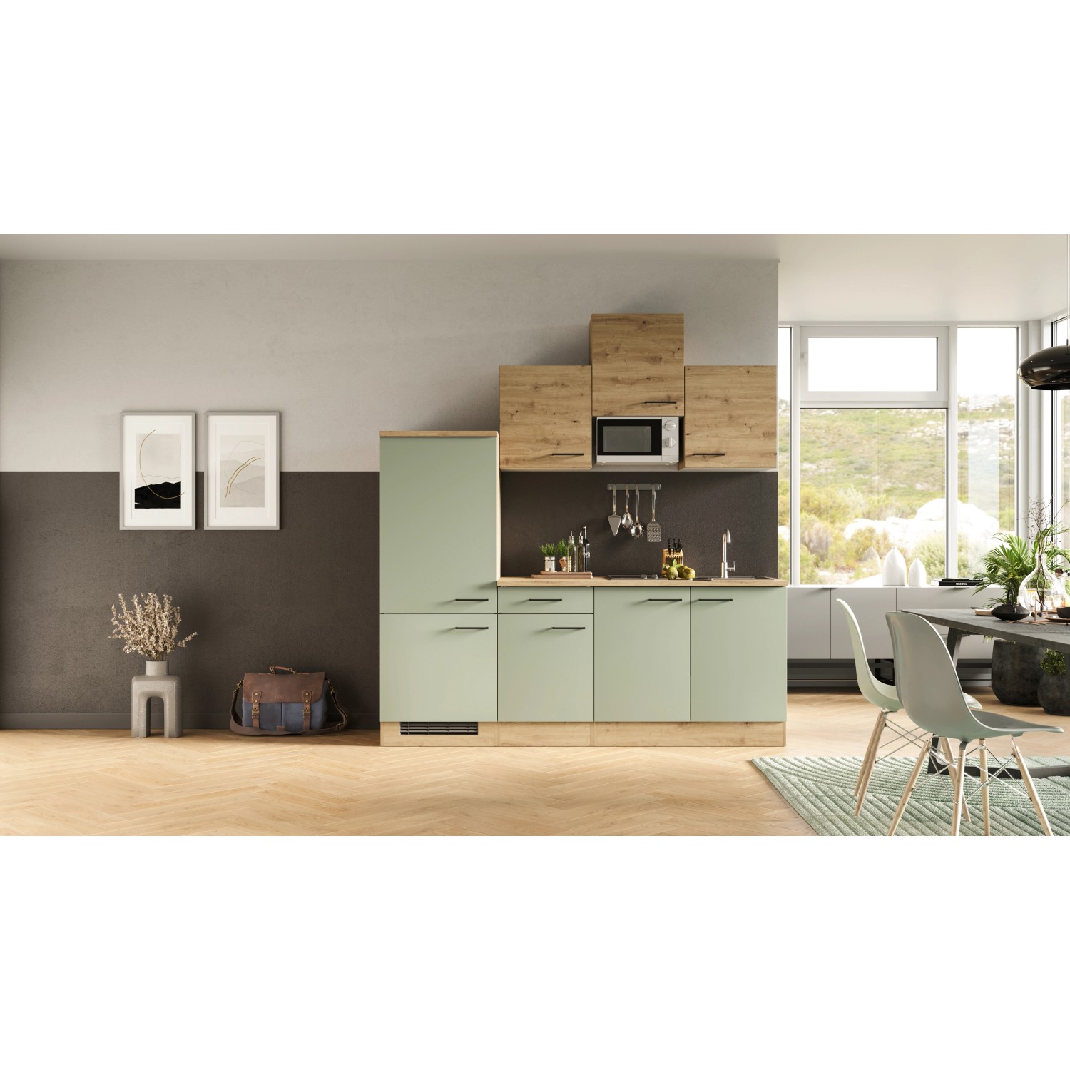 Flex-Well Küche in Schilfgrün/Artisan Eiche mit E-Geräten, 210 cm breit.
