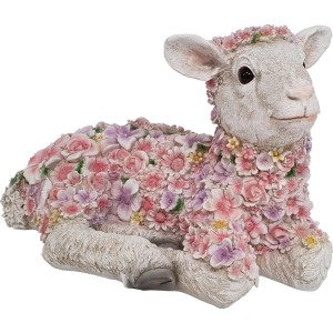 Liegendes Deko-Blumenschaf, 23 cm, aus Polyresin für die Gartendekoration.