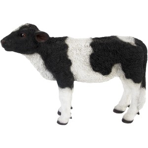 Stehendes Deko-Kalb, 37 cm, schwarz-weiß, aus Polyresin für die Gartendekoration.