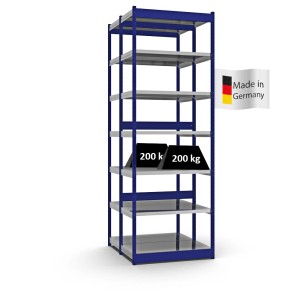 Blaues PROREGAL Fachbodenregal mit 7 Ebenen, Stecksystem, Fachlast 200 kg, Vierkant-Profil.