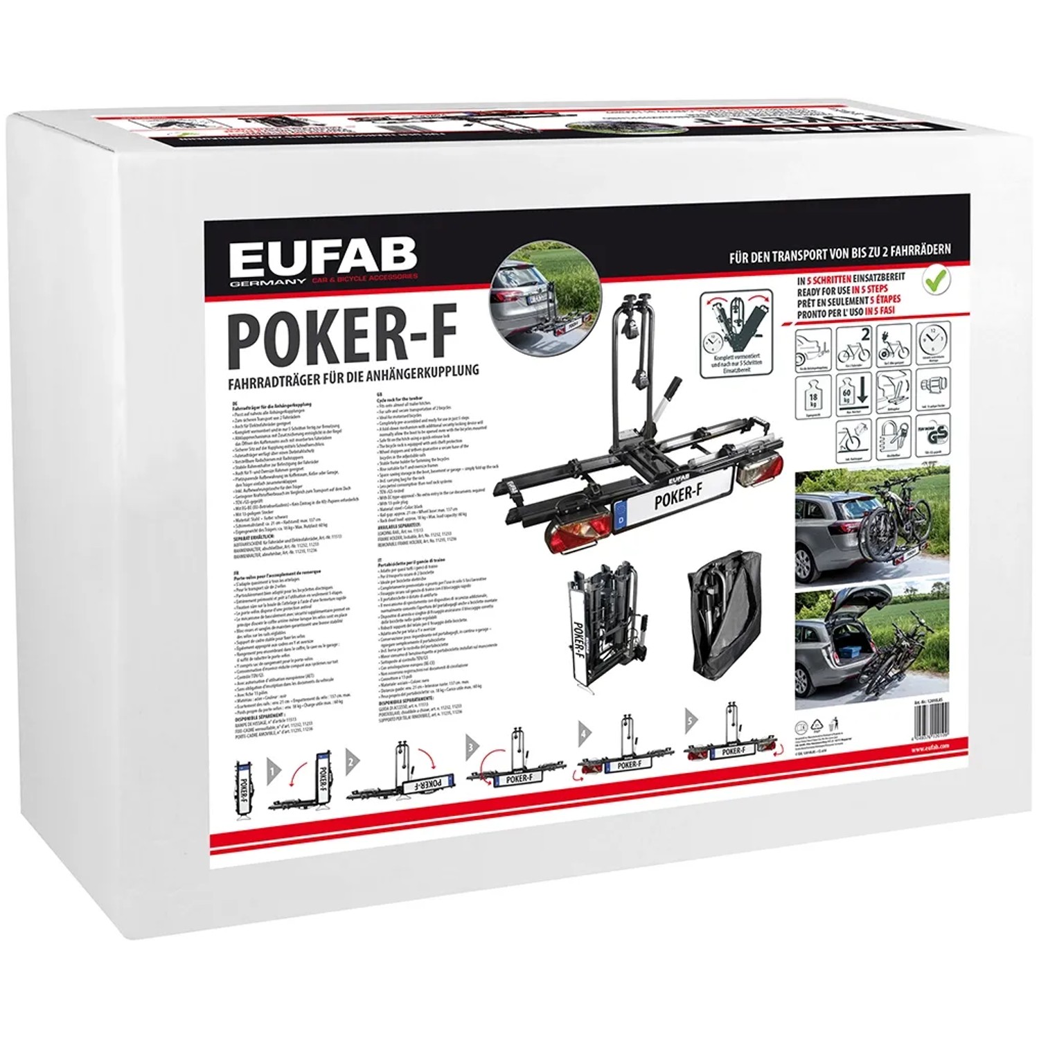 Verpackung des Eufab Fahrradträger Poker-F für Anhängerkupplung, geeignet für 2 Fahrräder.
