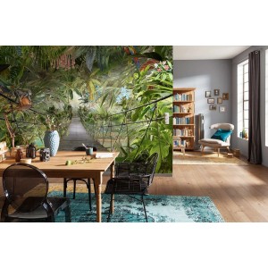 Komar Fototapete Wild Bridge Grün, Dschungel-Hängebrücke im Wohnraum, 368x254 cm.