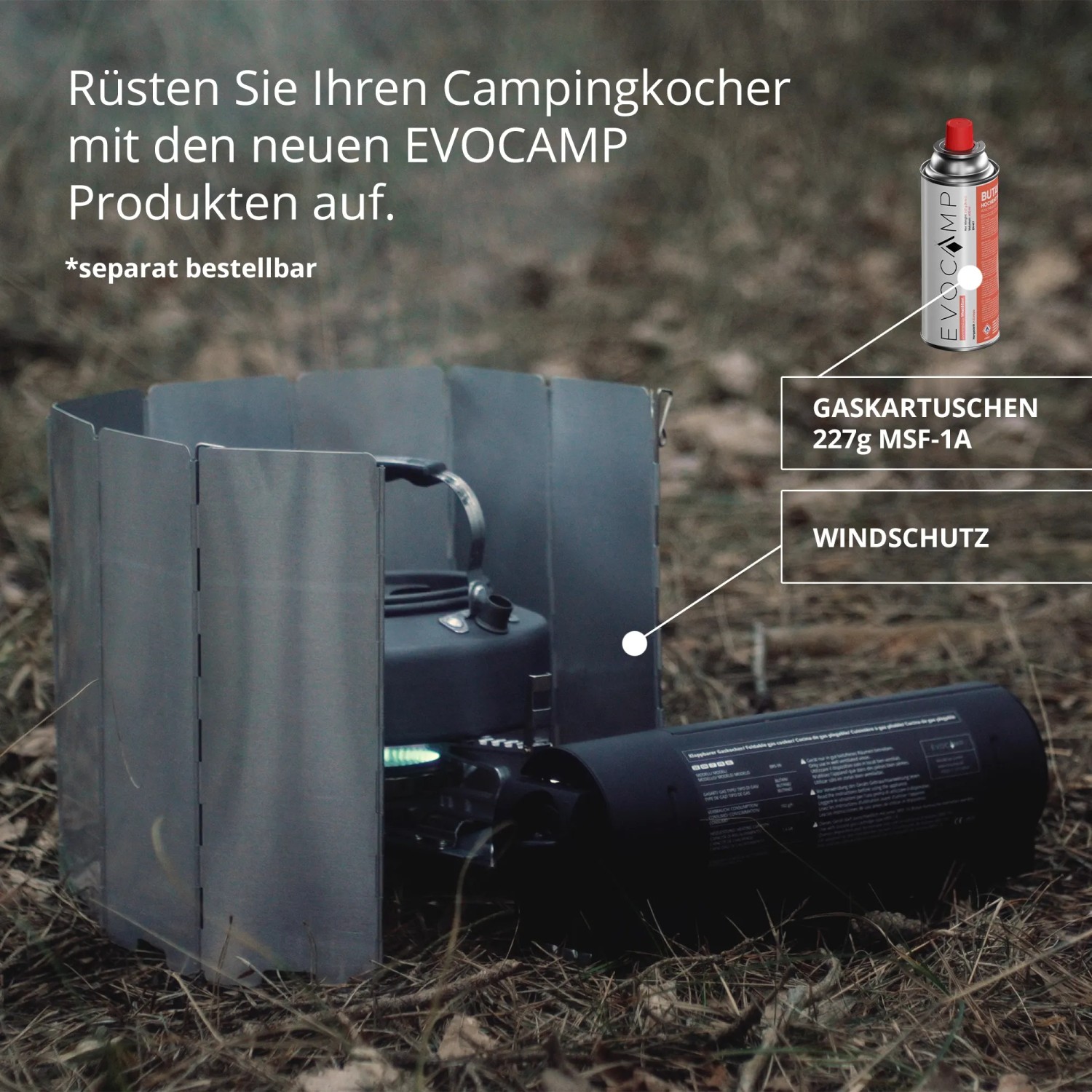 Evocamp Gaskocher mit Windschutz, Gaskartusche und Teekessel. Camping & Zubehör.