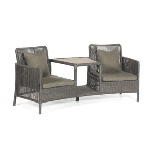 Grauer Natur24 Duo-Lounge-Sessel Luna aus Aluminium und Olefin mit Tisch und Kissen.