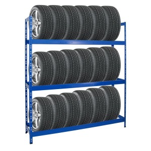 Blaues PROREGAL Reifenregal Tiger XL mit 21 Reifen auf 3 Ebenen.