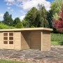 Karibu Holz-Gartenhaus Boras, unbehandelt, mit Doppeltür und Anbau.