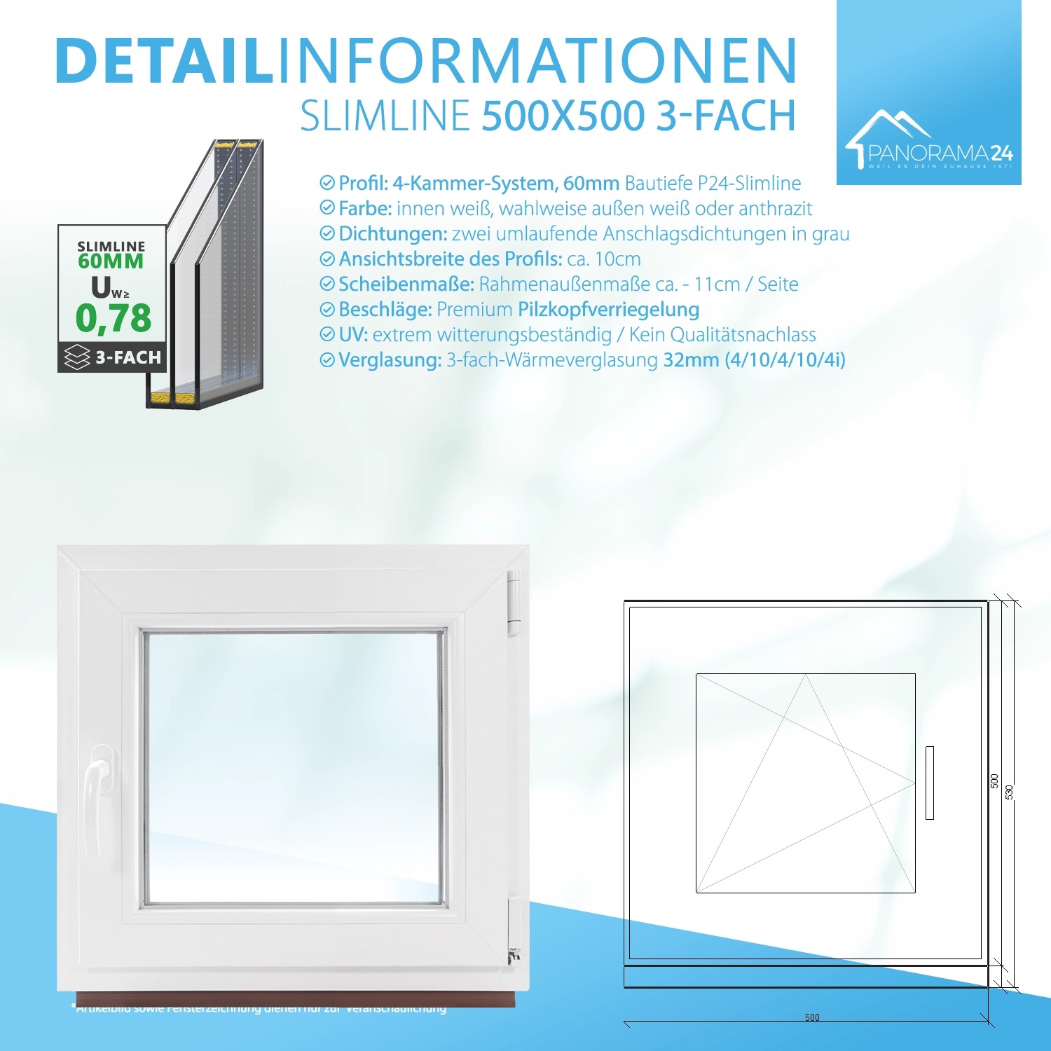Framelux Kunststofffenster Slimline, anthrazit, 500x500 mm, 3-fach Verglasung, Rechtsanschlag.
