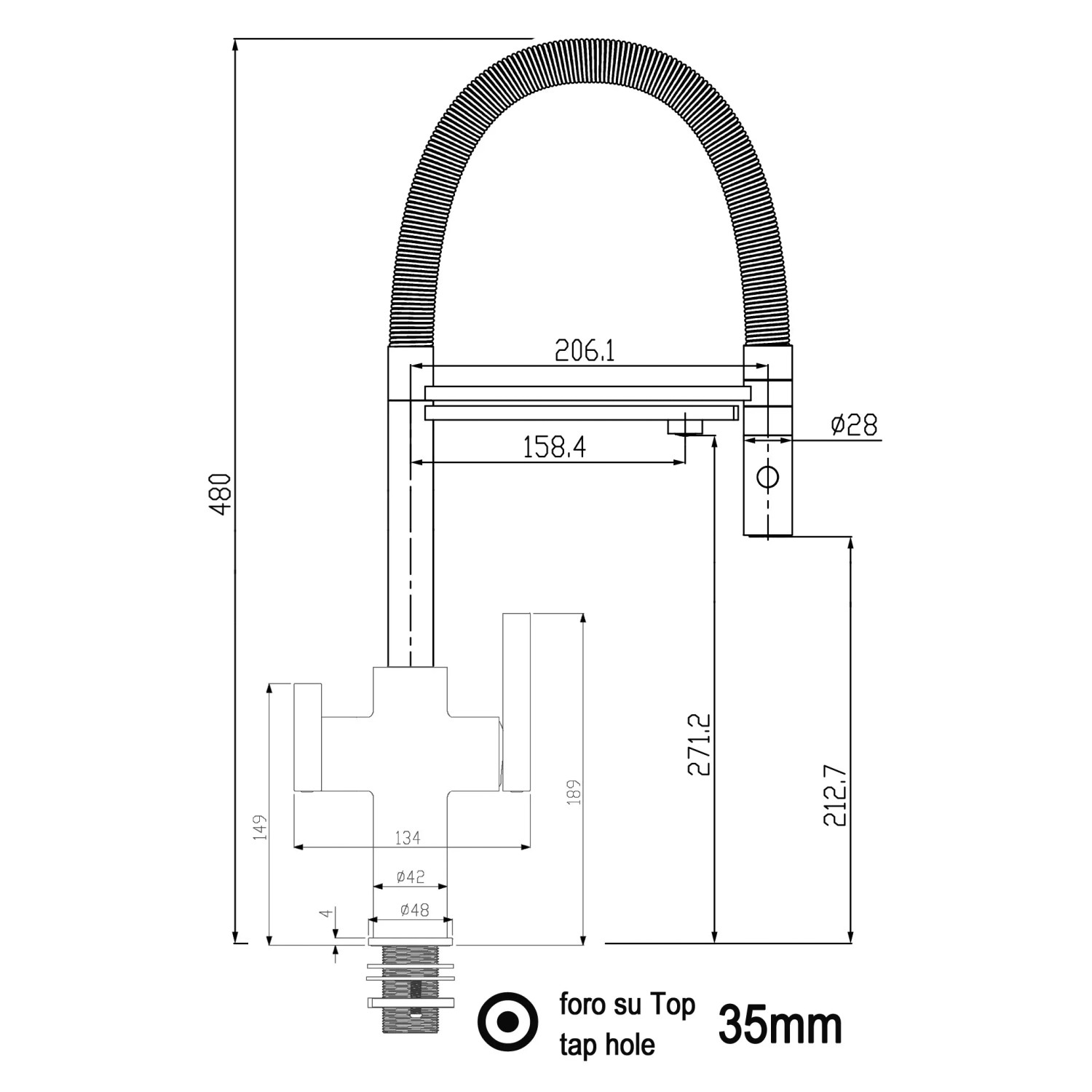 Technische Zeichnung: VIZIO 3 Wege Küchenarmatur, schwarz matt/blau, mit schwenkbarem Auslauf und Handbrause.