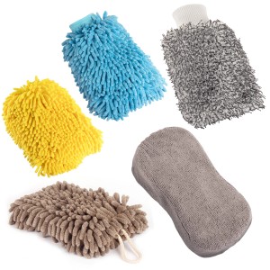 STAHLWERK Autowaschhandschuh 5er Set: Mikrofaser Reinigungshandschuhe und Schwamm für Autopflege.