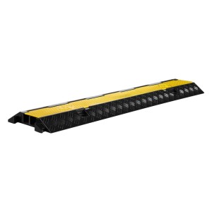 Robuste Wiltec Kabelbrücke, schwarz-gelb, mit zwei Kanälen für sicheren Kabel-Überfahrschutz und rutschfester Oberfläche.