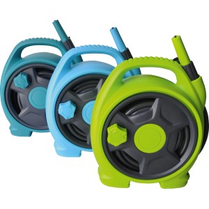 Mini-Schlauchbox 10m in Blau, Türkis und Grün. Gartenschlauchwagen für kleine Gärten.