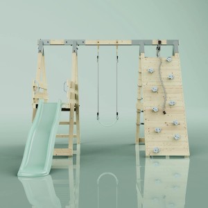 PolarPlay Klettergerüst Pinguin mintgrün mit Schaukel, Rutsche und Kletterwand.