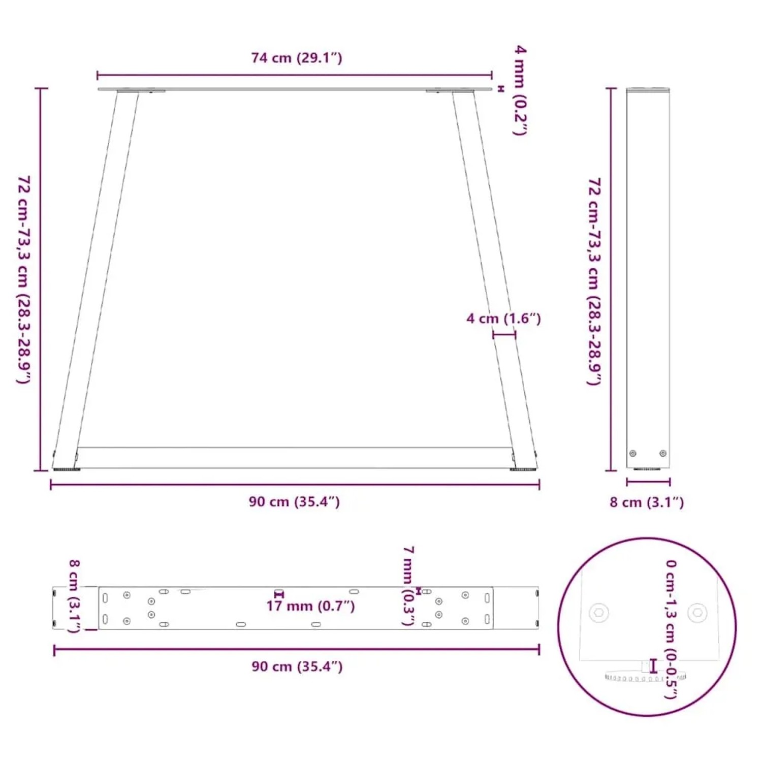 vidaXL Esstischbeine V-Form, 3 Stk., schwarz, Stahl, Maße: 90x72-73,3 cm.