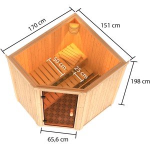 Woodfeeling Sauna Faurin mit bronzierter Glastür, 9 kW Ofen und zwei Saunabänken aus Espenholz.