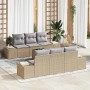 Beiges 7-teiliges Garten-Sofa-Set aus Poly Rattan von vidaXL. Modulares Lounge-Set mit Tisch und grauen Kissen.