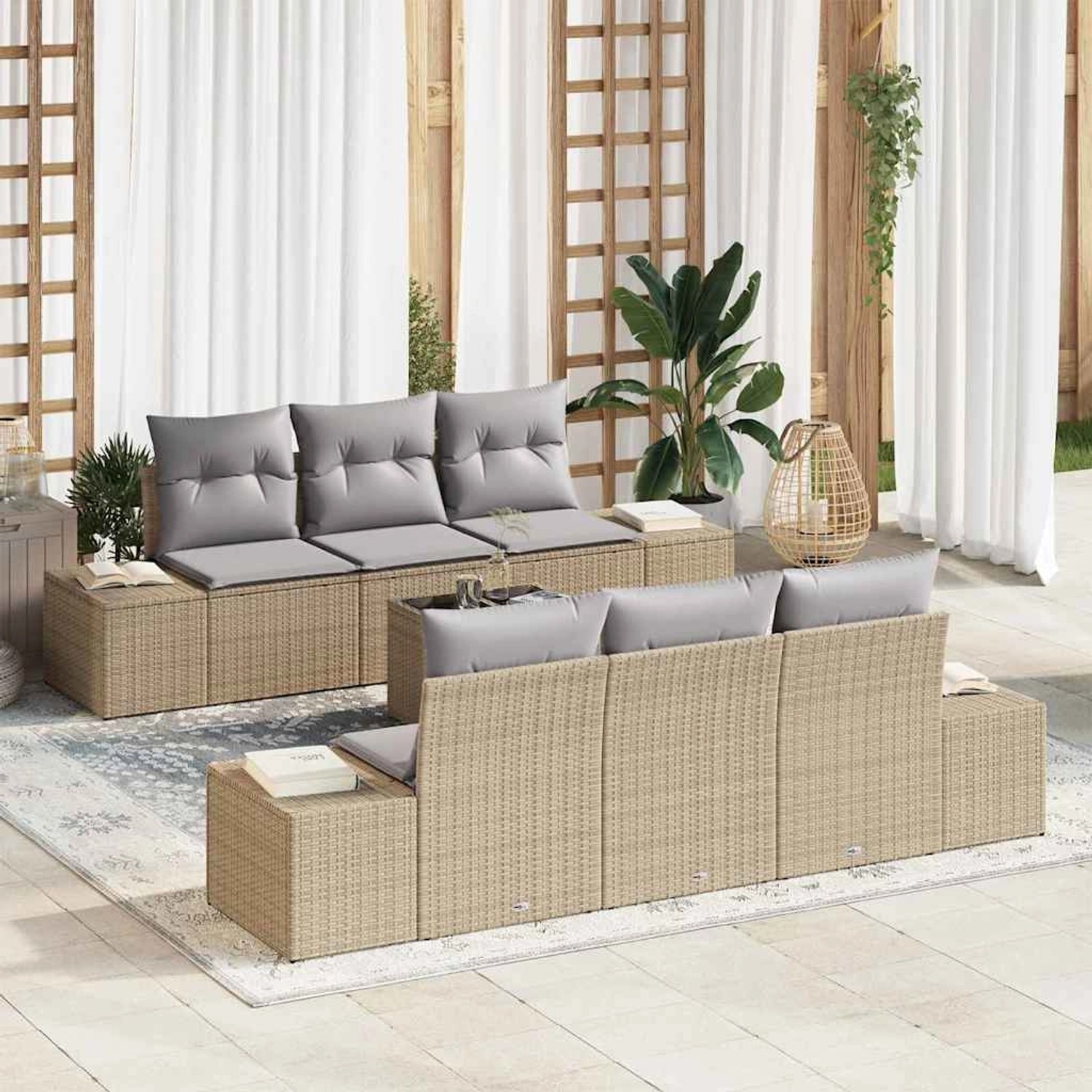 Beiges 7-teiliges Garten-Sofa-Set aus Poly Rattan von vidaXL. Modulares Lounge-Set mit Tisch und grauen Kissen.