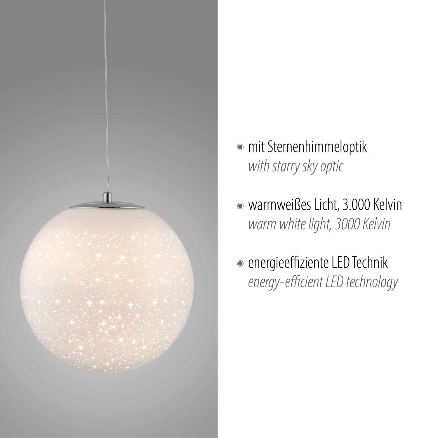 Chromfarbene LED-Pendelleuchte Bolo mit Sternenhimmel-Optik von Paul Neuhaus.
